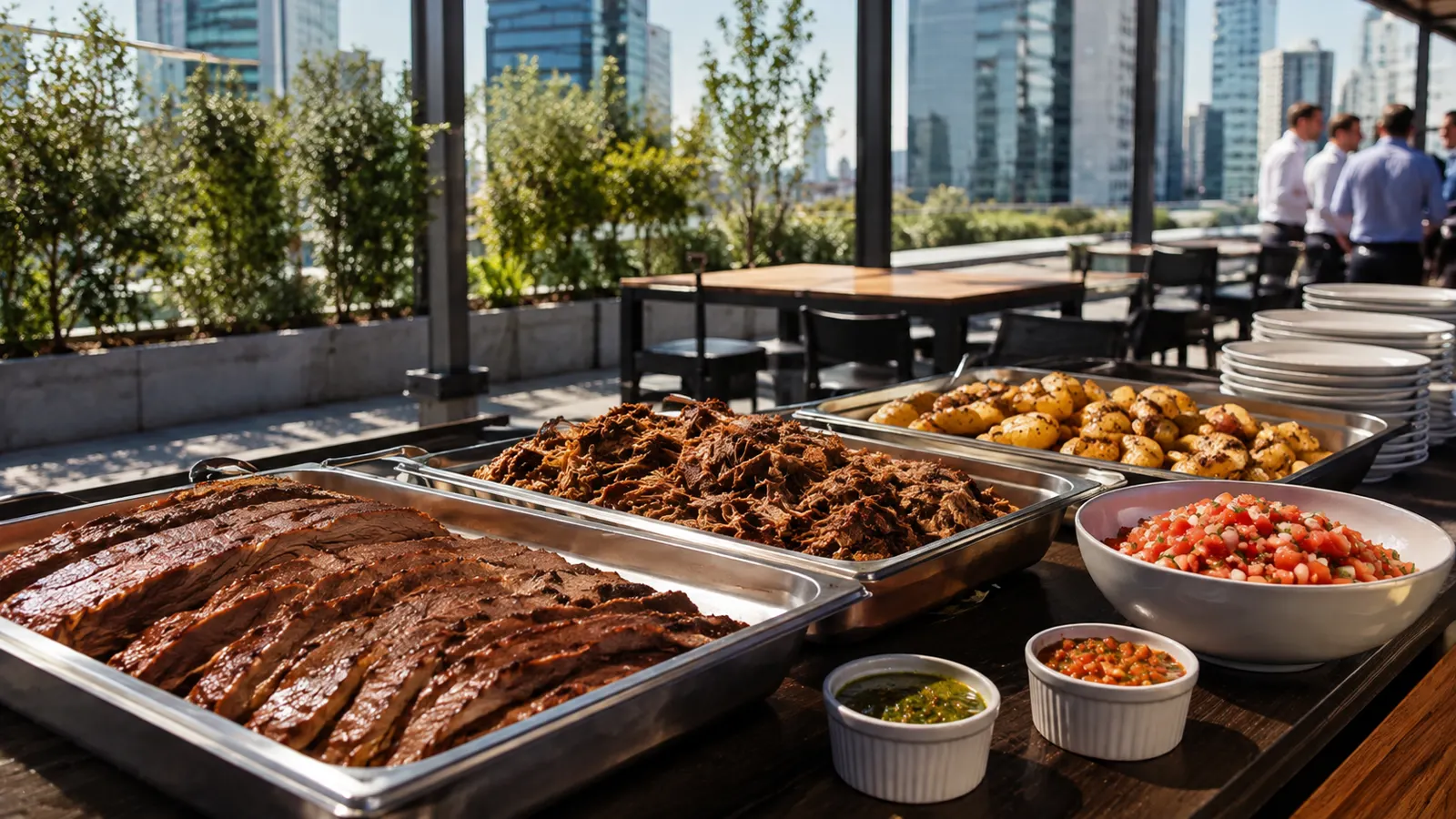 Buffet de almuerzo con carnes al jugo y ensaladas para una jornada de empresa en terraza