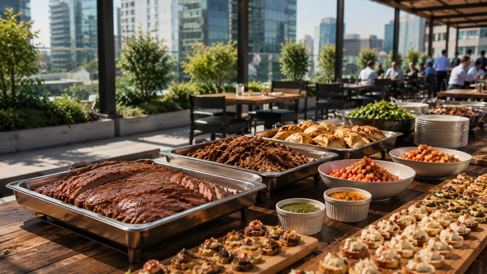 Mesa de buffet asador con empanadas y carnes para un evento de empresa