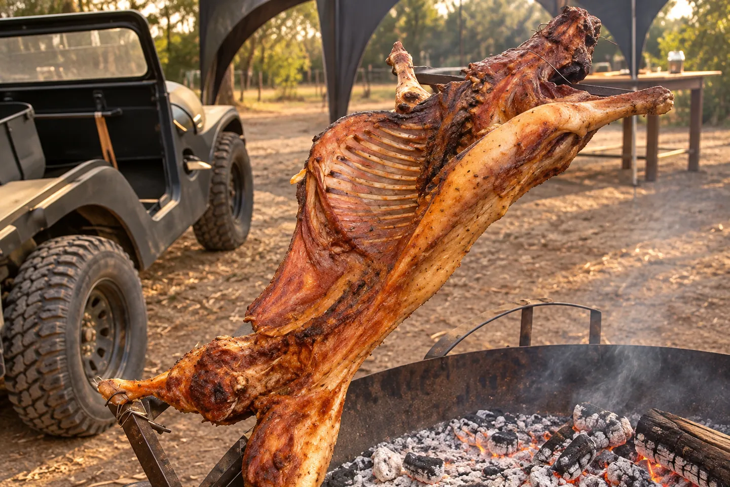 Detalle de las costillas doradas del cordero asado al palo junto al brasero